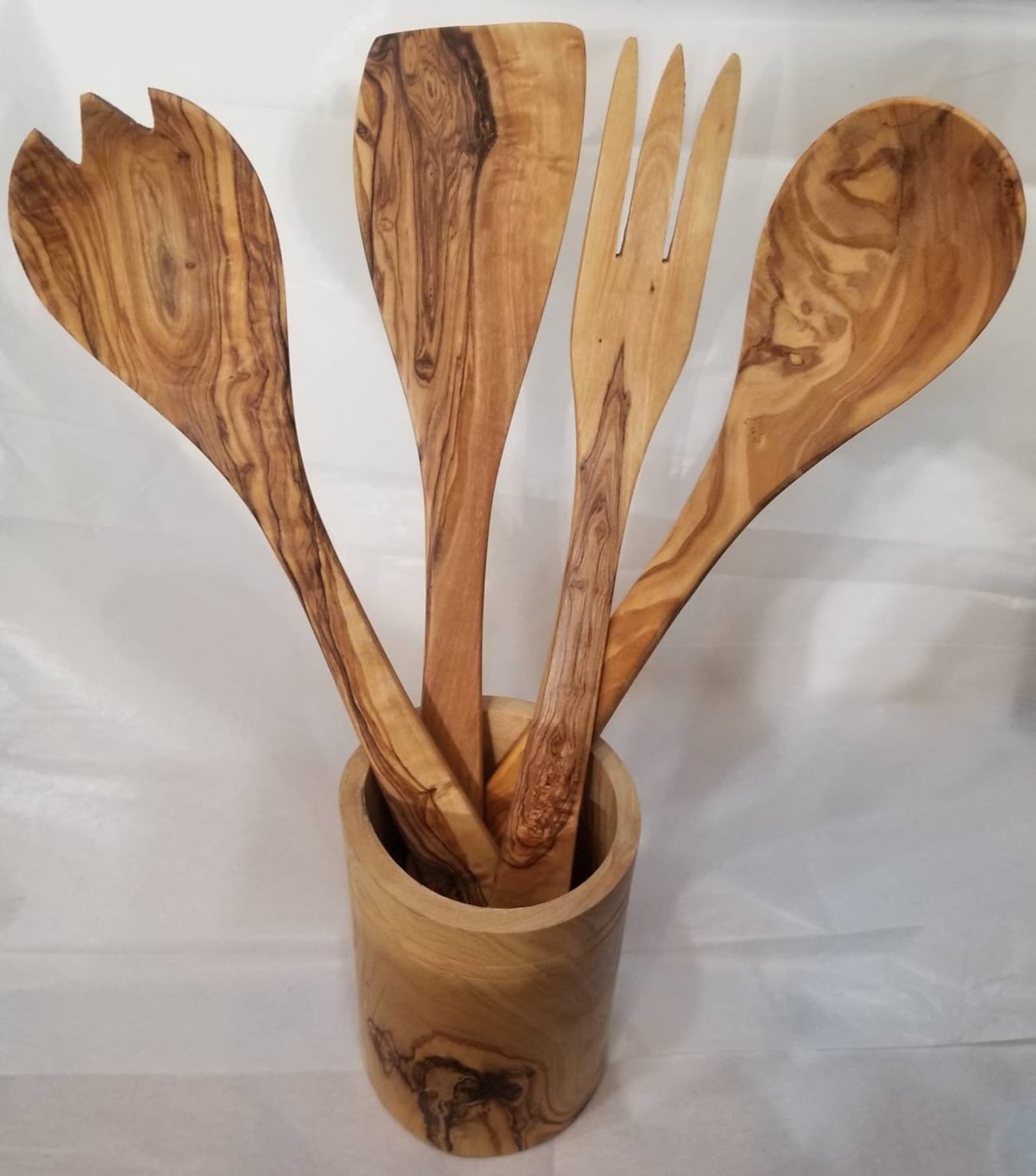 Olive Wood Utensil Holder With Utensils Etsy