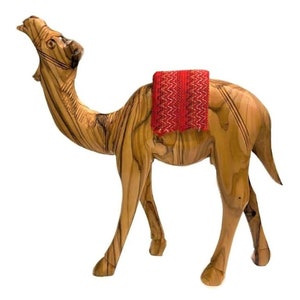 Olive Wood Camels (3 piece Set) with Red Blankets
