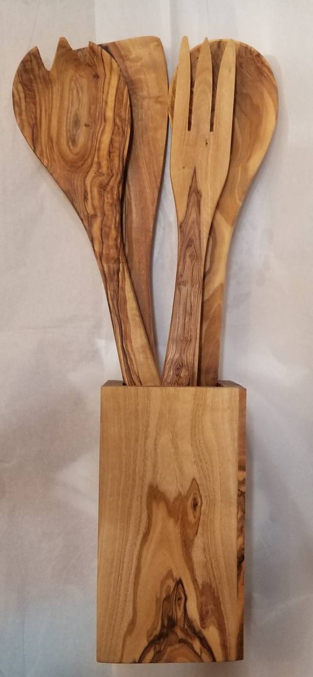Olive Wood Utensil Holder With Utensils Etsy