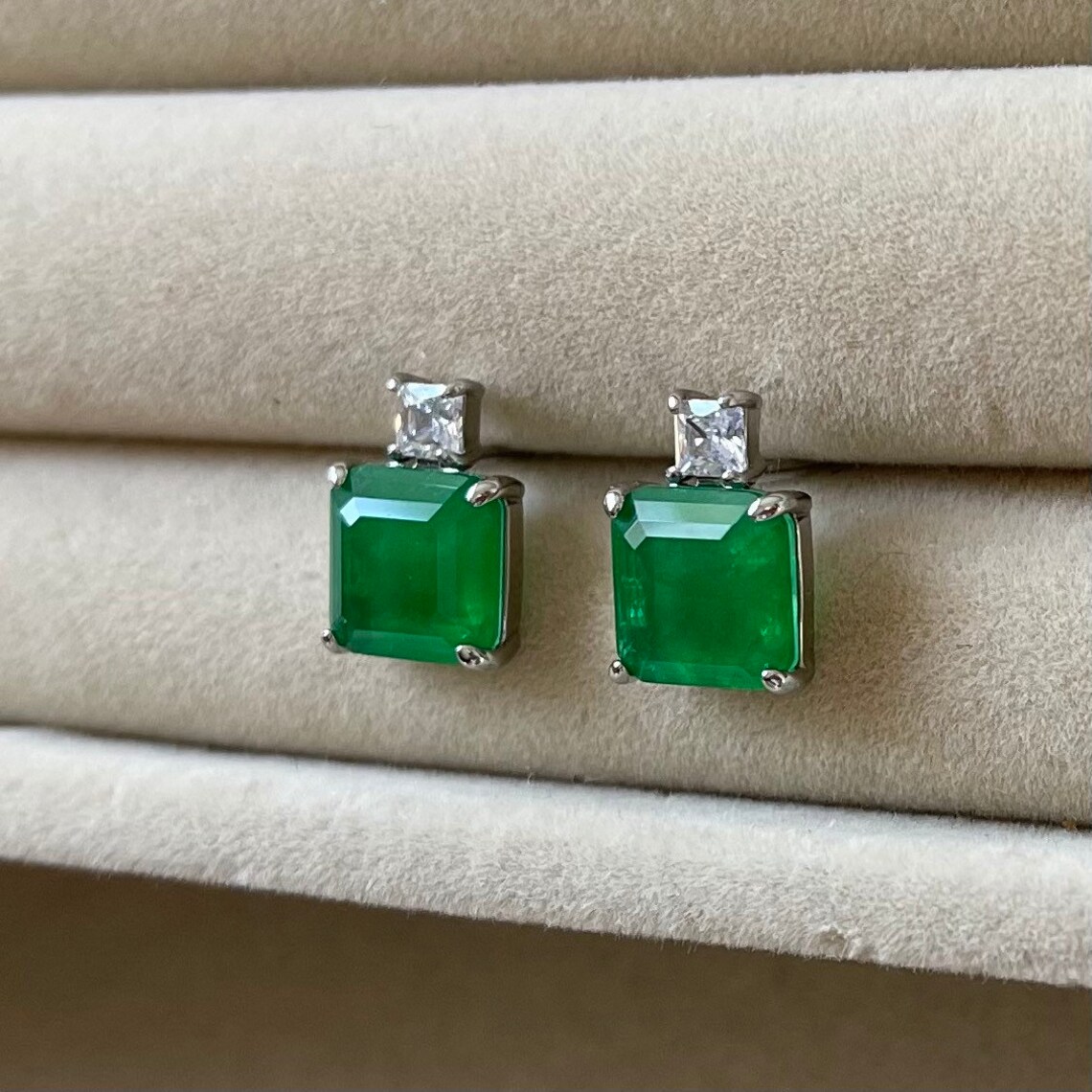 Vintage Square Emerald Earrings Silver Earrings Vintage Fine Etsy