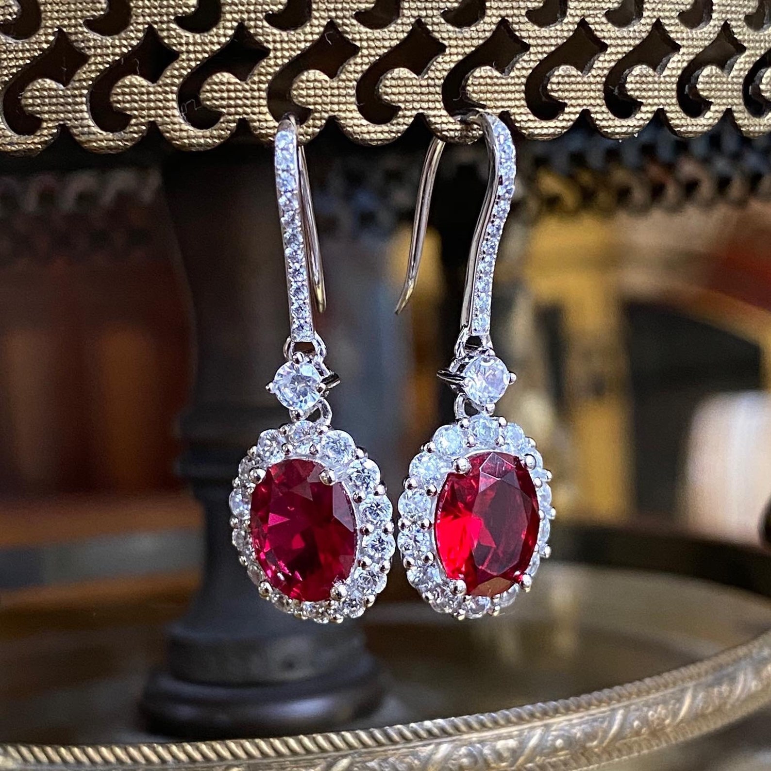Ruby Oval Dangle Silver Earrings British Royal Family Etsy