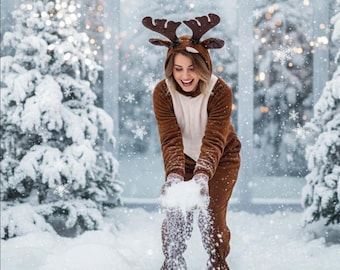 Rendierkostuum volwassen, uniseks kerstromper, kerstpyjama, rendieroutfit, kigurumi, feestkostuum