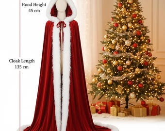 Red Velvet Christmas Cloak with Faux Fur – Hooded Santa Cape, Luxury Holiday Costume, Xmas Photoshoot Cape, Winter Cosplay Outfit