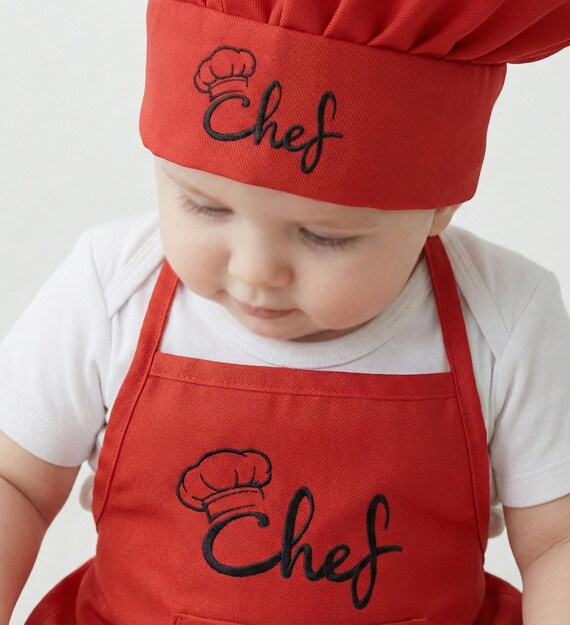 KERDEJAR – Tablier Et Chapeau De Chef Pour Bébé – Set 2 Pièces – Blanc – Polyester – Photo Et Carnaval