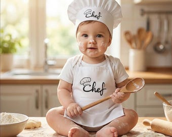 Baby Chef Apron Set 0-3 Years, 1st Birthday Cake Smash Outfit, Toddler Cook Costume, Kitchen Photo Prop, Chef Hat, Boy Girl Gift