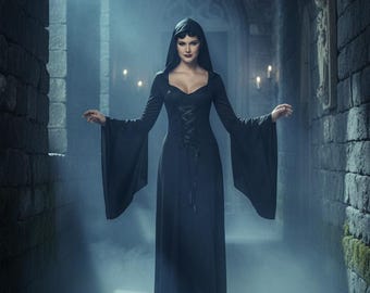 Black Gothic Witch Costume – Long Hooded Dress, Bell Sleeves, High Quality Stretch Jersey Fabric, Halloween Outfit