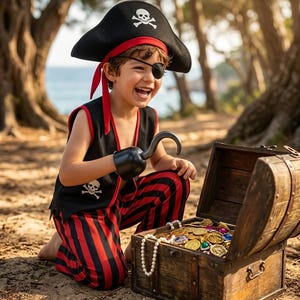 May include: A child dressed in a pirate costume kneels beside an open wooden treasure chest filled with gold coins and jewels. The costume includes a black hat with a skull and crossbones, a vest, red and black striped pants, and a hook.