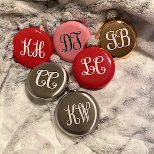 Personalized 5oz Stainless Steel Round Hip Flask. Gift For Her, Bachelorette Party, Bride, Bridal Party, Christmas, and Birthday