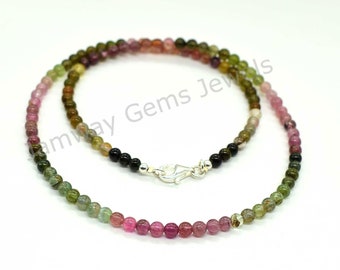 Natural Multi Tourmaline beaded necklace, 3mm Watermelon Tourmaline Smooth round bead necklace, Tourmaline gemstone necklace,925 Silver Lock