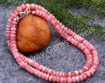 Natural Pink Rhodochrosite Beaded Necklace, 5-6 mm Rhodochrosite Faceted Rondelle Bead Necklace, Rhodochrosite Beaded Gemstone Jewelry
