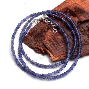 Natural Iolite Beaded Necklace, Violet Iolite 3MM Beads Necklace, Iolite Faceted Rondelle Beads, Blue Iolite Beaded Necklace,Valentine gift