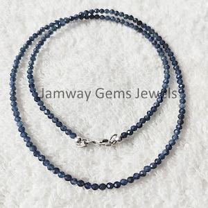 Natural Blue Sapphire Beaded Necklace, 2.5MM Blue Sapphire Faceted Round beaded Jewelry Necklace, Blue Stone Beads Blue sapphire Necklace