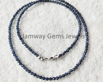 Natural Blue Sapphire Beaded Necklace, 2.5MM Blue Sapphire Faceted Round beaded Jewelry Necklace, Blue Stone Beads Blue sapphire Necklace