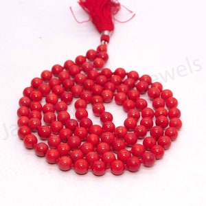 Natural Red Coral Hand Knotted Mala/ Red Coral Mala Necklace with Tassel /Natural Red Coral Mala/ 6.5mm 108 beads mala/ yoga meditation mala