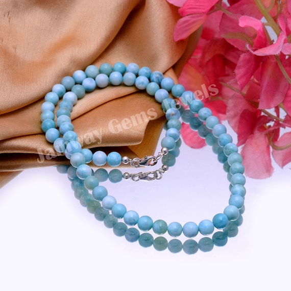 Dominican Republic Larimar Beaded Necklace 6mm Blue Larimar Smooth