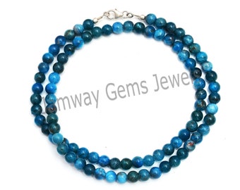 Blue Apatite Beaded Necklace,6mm Apatite Smooth Round Beads Necklace,Gemstone Necklace, Apatite Beads Necklace, 925 Silver Lobster Clasp