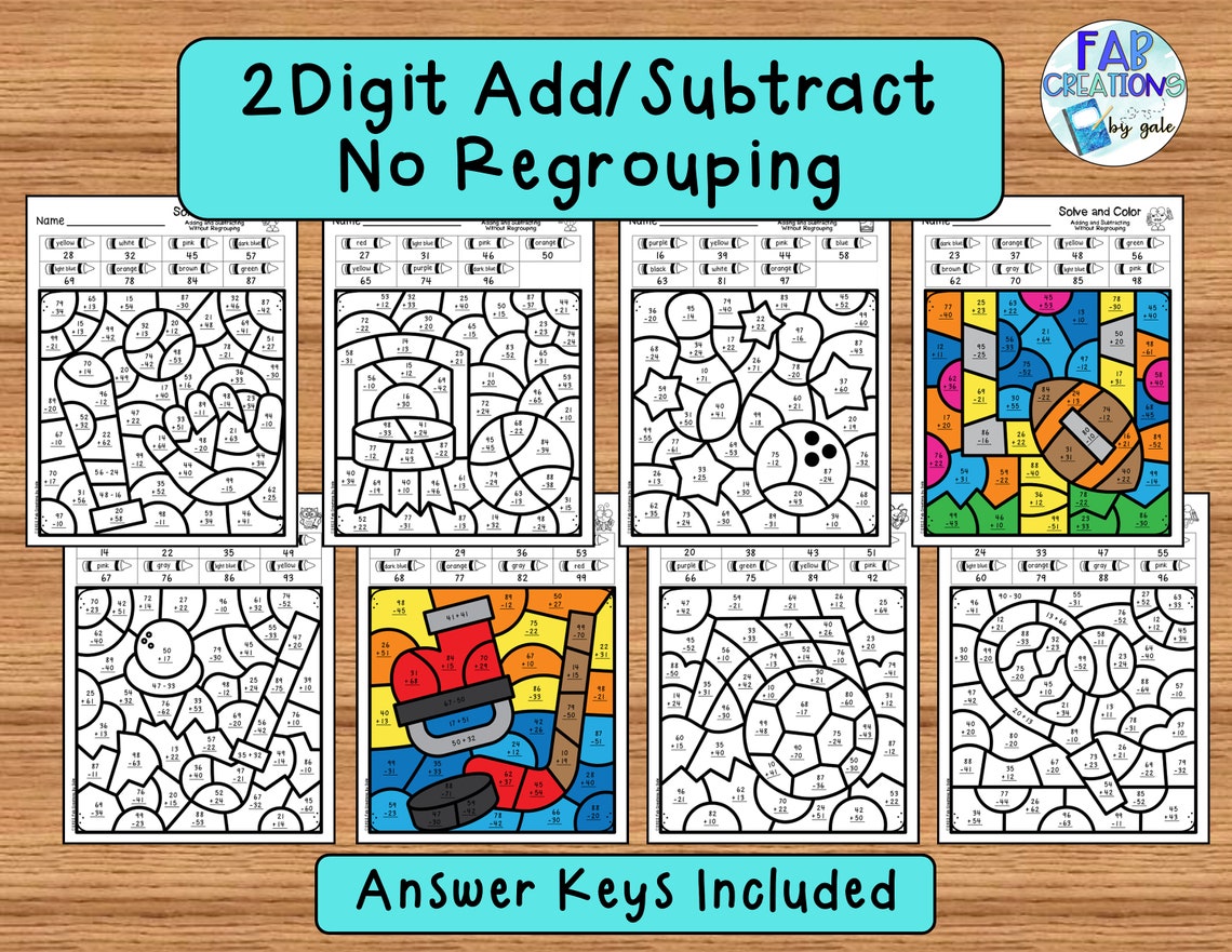 Double Digit Addition & Subtraction Color by Code: Math Worksheets (PDF ...