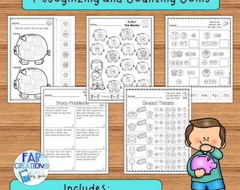 May include: A set of printable worksheets for teaching children about recognizing and counting US coins. The worksheets feature various activities, including matching coins to their values, solving story problems, and coloring coins. The worksheets are designed to help children learn about the different types of US coins and how to count them.