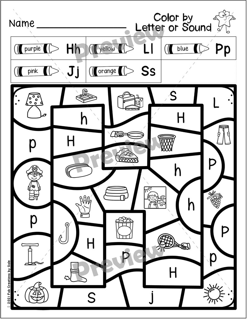 以下が含まれることがあります： 文字または音で色を塗るアクティビティシートで、色を塗るための画像のグリッドがあります。  'H'の文字は紫、'J'の文字はピンク、'S'の文字はオレンジ、'L'の文字は黄色、'P'の文字は青で色を塗ってください。