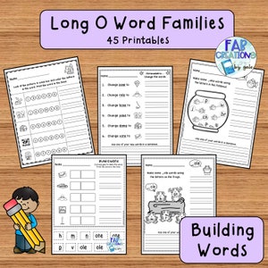 May include: Educational printable worksheets for learning long O word families. The image shows several black and white worksheets with exercises like matching words to pictures and building words. A cartoon child holds a large pencil.