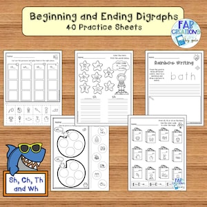 May include: Educational printable worksheets for learning beginning and ending digraphs. The worksheets include activities like matching pictures, coloring, and writing. A cartoon shark wearing sunglasses is also featured. The worksheets are designed for early learners.