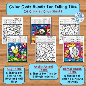 Puede incluir: Un conjunto de 24 hojas de trabajo imprimibles de colorear por código para enseñar a los niños a decir la hora. Las hojas de trabajo presentan diferentes temas, que incluyen insectos, animales árticos y salud dental. Cada hoja de trabajo tiene un código de color diferente para cada hora, y los niños pueden colorear las imágenes siguiendo el código.