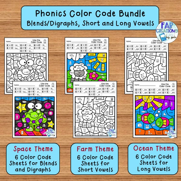 Color Code for Blends, Digraphs, Short Vowels and Long Vowels, Color by Code Worksheets, Color by Code for Kids