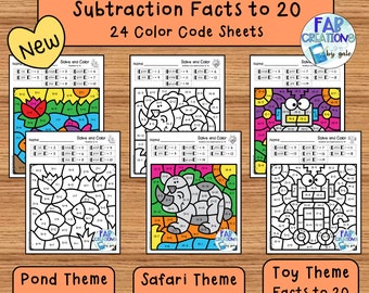 足し算と引き算の計算問題から 20 の数字による色分けワークシート - コードによる色分けワークシート