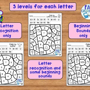 以下が含まれることがあります： 文字の認識と始まりの音を教えるための3つの印刷可能なワークシート。ワークシートには、文字で色を塗るアクティビティと音で色を塗るアクティビティがあります。最初のワークシートは文字の認識のみに焦点を当て、2番目のワークシートは文字の認識と一部の始まりの音に焦点を当て、3番目のワークシートは始まりの音のみに焦点を当てています。