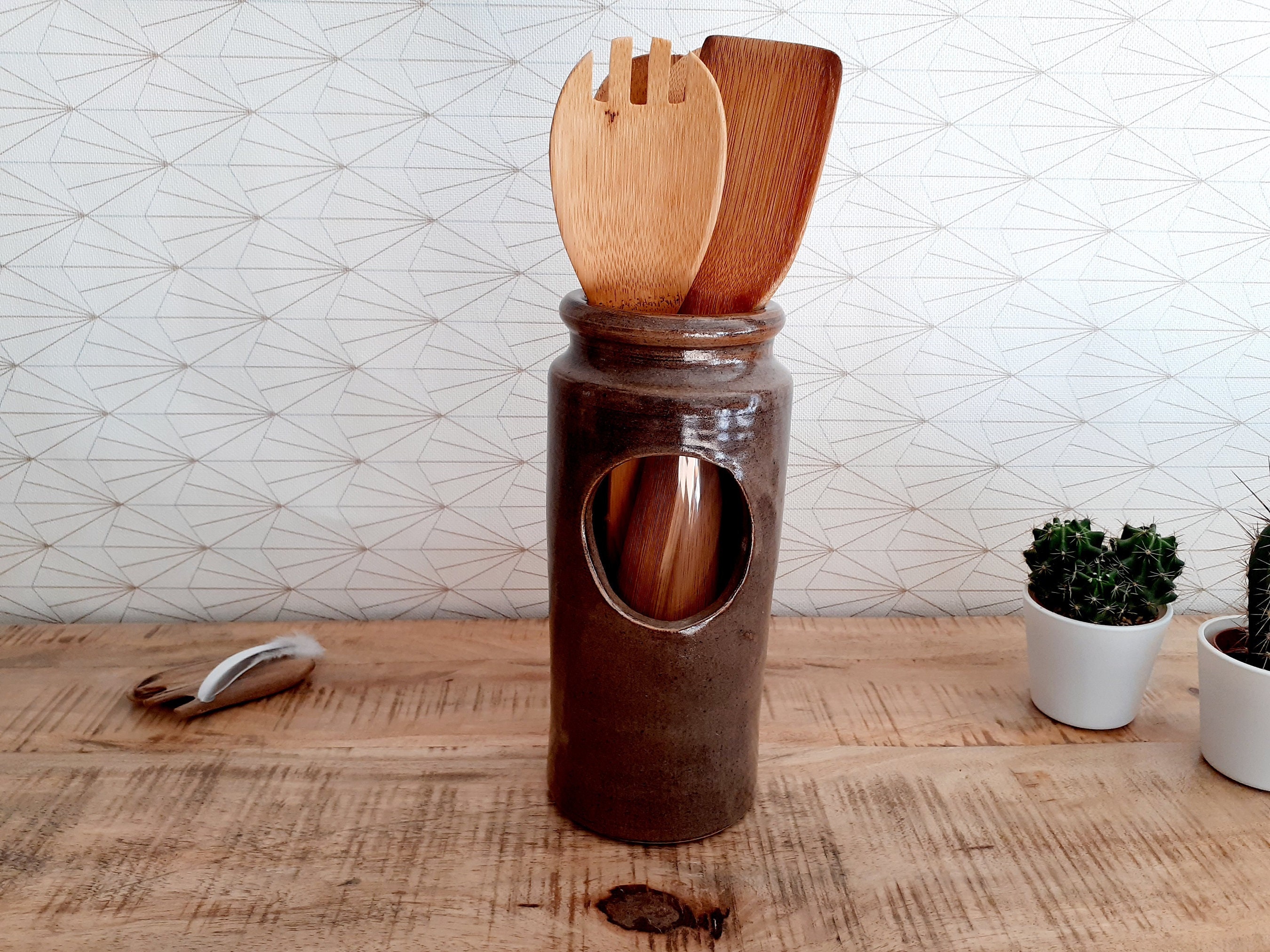 Joli Pot à Ustensiles Vintage en Grès Émaillé