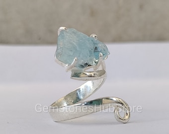 Raw Aquamarine Ring, Rough Stone Ring, 925 Sterling Silver, Adjustable Ring, Genuine Aquamarine, Aquamarine Jewelry, Raw Crystal Ring