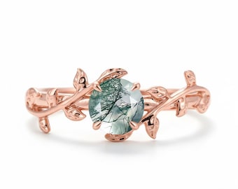 Natural Moss Agate Ring: 925 Sterling Silver, Twig Leaf Floral Ring, Gift For Her