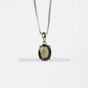 Natural Moldavite Pendant - Faceted Pendant - Czech Pendant - Oval Moldavite Necklace - Solitaire Pendant - 925 Sterling Silver - Gift