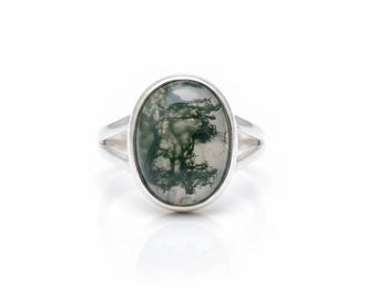 Natural Moss Agate Ring: 925 Sterling Silver Statement Oval Ring, Everyday Jewelry