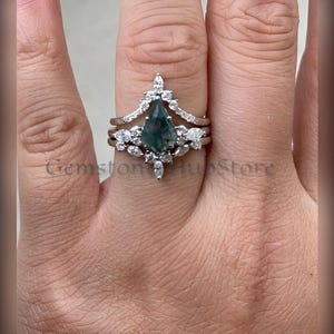 Natural Moss Agate Ring - 3pcs Kite Cut Moss Agate Engagement Ring Set - Art Deco Unique Wedding Bridal Ring Set - 925 Sterling Silver