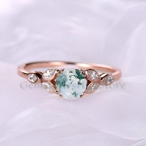 Moss Agate Ring - Moss Agate Engagement Ring - 925 Sterling Silver - Round Green Moss Agate Promise Ring - Anniversary Gift For Her