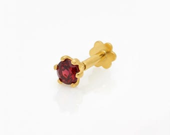 Natural Red Garnet Nose Stud, 3mm Round Solitaire Nose Pin, 925 Sterling Silver, Screw Back Stud, Minimalist Jewelry