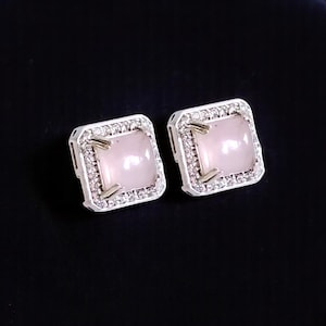 Natural Rose Quartz Studs - Square Halo Stud Earrings - Rose Quartz Earrings - 925 Sterling Silver -  Bridesmaid Gift - Women Earrings