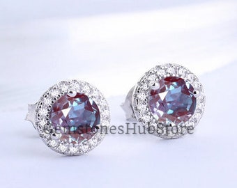 Alexandrite Studs, Halo Stud Earrings, Alexandrite Jewelry, 925 Sterling Silver, Silver Studs, Color Changing Stone, Post Earrings