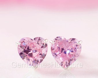 Borchie di zirconi rosa, a forma di cuore, orecchini minimalisti per ragazze, orecchini di zirconi, regalo da damigella d'onore, argento sterling 925, orecchini di pietra rosa