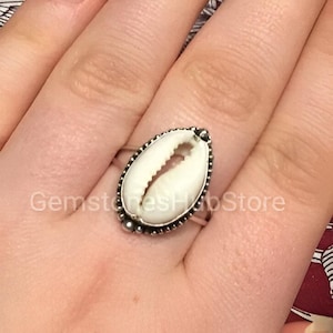 Sterling Silver Cowrie Shell Ring - Boho Statement Jewelry