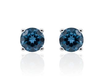 London Blue Topaz Studs -Minimalist Round Studs - 925 Sterling Silver - Wedding Gift