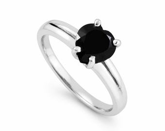 Anillo de corazón de ónix negro natural, plata de ley 925, anillo solitario, regalo de promesa para ella.