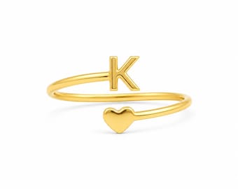 Delicato anello a forma di cuore con iniziale, in argento sterling 925, gioiello personalizzato, regalo per lei.
