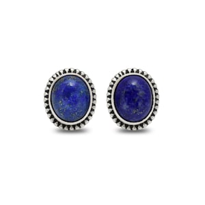 Sterling Silver Lapis Lazuli Stud Earrings: Oval Gemstone, Boho Jewelry