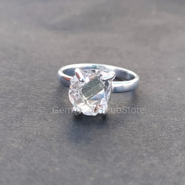 Natural Raw Herkimer Diamond Ring, 925 Sterling Silver, Solitaire Ring, Herkimer Ring, Engagement Ring, Raw Crystal Ring, Anniversary Ring