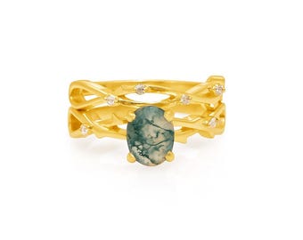 Art Deco Moss Agate Ring Set: 925 Sterling Silver - Anniversary Wedding Gift