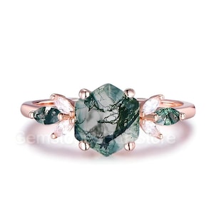 Hexagon Moss Agate Ring: 925 Sterling Silver Engagement Ring
