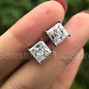 Princess Cut CZ Stud Earrings in Sterling Silver - Minimalist Earrings - Unisex Earrings - 925 Sterling Silver - Square Cut Zirconia Studs
