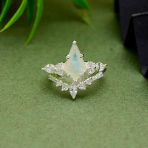 Art Deco Moonstone Engagement Ring: Kite Cut Sterling Silver Bridal Set